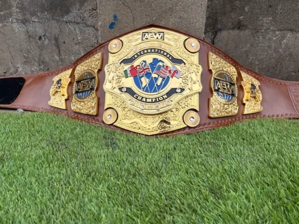 AEW International Championship Belt Replica |  Double Layer 24kGold-Plated Plates with Brown Leather Strap