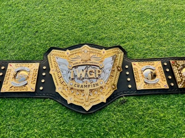 IWGP Heavyweight Wrestling Championship Belt – Gold-Plated Plates with Black Leather Strap