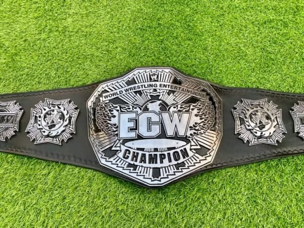 ECW World Championship Title Belt – World Wrestling Entertainment Heavyweight Champion Replica with Black Leather Strap and Silver Metal Plates
